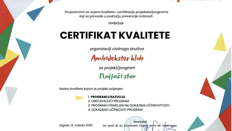 Najjači stav - dodijeljen certifikat kvalitete